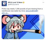  1girl animal_ears commentary drugs english_text grey_hair highres joint_(drug) kasuya_baian marijuana mouse_ears mouse_girl nazrin photo-referenced red_eyes short_hair simple_background smoke solo touhou twitter upper_body 