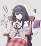  1girl armchair bags_under_eyes black_eyes black_hair blue_archive book bow brown_sweater chair commentary covering_with_blanket cup floating floating_book floating_object hair_between_eyes hair_bow hair_ribbon hairband halo holding holding_cup jewelry long_hair long_sleeves looking_at_viewer low_twintails mug neckerchief necklace plaid_blanket purple_eyes purple_hairband purple_neckerchief ribbed_sweater ribbon school_uniform serafuku sidelocks simple_background sitting solo steam sweater turtleneck turtleneck_sweater twintails ui_(blue_archive) white_serafuku yama_ymst 