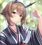  1girl black_kimono blush brown_hair green_eyes headgear highres japanese_clothes kantai_collection kimono long_sleeves monoku mutsu_(kancolle) obi official_alternate_costume open_mouth sash short_hair smile solo upper_body wide_sleeves 