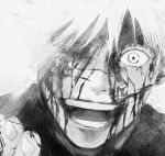  1boy 5gsasa blood blood_on_face crazy_eyes crazy_smile cuts gojou_satoru greyscale injury jujutsu_kaisen looking_at_viewer male_focus monochrome one_eye_closed open_mouth portrait short_hair smile solo teeth 