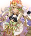  1girl blonde_hair breasts butterfly_hair_ornament celine_(fire_emblem) crown dress elbow_gloves fire_emblem fire_emblem_engage flower gloves green_eyes green_ribbon hair_flower hair_ornament hair_ribbon long_hair looking_at_viewer official_alternate_costume ribbon smile solo underboob upper_body white_gloves wooxxwoo 