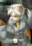  anthro astosis blonde_hair blush braided_hair clothing felid fur gloves hair handwear hi_res lifewonders lion live_a_hero male mammal muscular muscular_anthro muscular_male necktie pantherine solo suit topwear vest white_body white_fur wolfmanwilk 