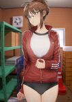  1girl akizuki_ritsuko antenna_hair averting_eyes black_buruma blush breasts brown_hair buruma commentary cowboy_shot glasses gym_storeroom gym_uniform highres idolmaster idolmaster_(classic) idolmaster_million_live! indoors jacket large_breasts partially_unzipped red_jacket rimless_eyewear sidelocks solo track_jacket tsurui unzipping vaulting_horse 