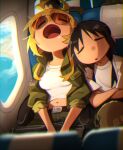  2girls absurdres ahoge airplane_interior aviator_sunglasses belt black_hair blonde_hair chito_(shoujo_shuumatsu_ryokou) closed_eyes commentary crossed_arms drooling english_commentary green_jacket highres jacket khyle. leaning_on_person long_hair multiple_girls navel original shirt shoujo_shuumatsu_ryokou sitting sleeping sunglasses t-shirt white_shirt yuuri_(shoujo_shuumatsu_ryokou) 
