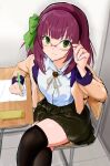  1girl 1other adjusting_eyewear alternate_costume angel_beats! black_hairband black_skirt black_thighhighs blunt_bangs bow chair closed_mouth commentary cowboy_shot desk dress_shirt frown glasses green_bow green_eyes hair_bow hairband hand_up holding holding_pen indoors jacket light_blush long_sleeves looking_at_viewer medium_hair miniskirt nakamura_yuri neck_ribbon on_chair open_clothes open_jacket pen pleated_skirt purple-framed_eyewear purple_hair ribbon school_chair school_desk school_uniform shirt sidelocks sitting skirt solo straight_hair thighhighs thighs white_shirt yellow_jacket yellow_ribbon zenoo zettai_ryouiki 