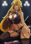  1girl backlighting black_bow black_bowtie black_garter_straps black_panties black_thighhighs blonde_hair bow bowtie breasts cropped_vest cynthia_(pokemon) english_commentary garter_straps grey_eyes grin hair_ornament hair_over_one_eye highres instrument knee_up large_breasts light_particles long_hair looking_at_viewer navel no_pants panties piano pokemon pokemon_(game) pokemon_dppt sidelocks smile solo stomach thighhighs thighs underwear very_long_hair vest vivivoovoo wing_collar wrist_cuffs 