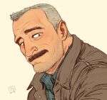  1boy aaron_gruber_(o_natsuo88) bara beard_stubble brown_jacket facial_hair grey_hair highres jacket looking_at_viewer male_focus mature_male mustache o_natsuo88 old old_man original plaid plaid_shirt portrait receding_hairline scar scar_on_cheek scar_on_face shirt short_hair smile solo thick_eyebrows thick_mustache wrinkled_skin yellow_background 