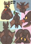  anthro bat breasts brown_body butt eating eating_food female food fruit mammal membrane_(anatomy) membranous_wings multiple_poses multiple_positions orange_eyes plant pose pteropodid solo text toto_draw wings 