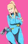  1girl absurdres blonde_hair blue_bodysuit blue_eyes bodysuit breasts cowboy_shot gun hair_between_eyes high_ponytail highres holding holding_gun holding_weapon large_breasts long_hair metroid metroid_(classic) mole mole_under_mouth pink_background pink_lips ponytail r3dfive samus_aran signature skin_tight solo thick_thighs thighs weapon zero_suit 