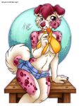  2023 anthro blep bottomwear breasts candy canid canine canis clothed clothing cutoffs denim denim_bottomwear denim_clothing dessert domestic_dog female food fur hair lollipop mammal michele_light pink_body pink_fur pink_hair pink_nose shorts solo spots spotted_body spotted_fur tail tongue tongue_out 