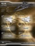  3d battleship_(eve_online) brown_theme commentary concept_art copyright_name eve_online from_above from_behind from_below from_side highres logo military military_vehicle mystic-galaxy no_humans original science_fiction spacecraft thrusters vehicle_focus 