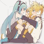  1boy 2girls bare_shoulders bisexual_female blonde_hair blue_eyes blue_hair blush box boy_and_girl_sandwich commentary detached_sleeves eye_contact hair_ornament hair_ribbon hairclip hatsune_miku headphones highres in_box in_container kabedon kagamine_len kagamine_rin long_hair looking_at_another love_triangle m0ti multiple_girls ribbon sailor_collar sandwiched short_hair shorts shoulder_tattoo siblings tattoo thighhighs twins twintails very_long_hair vocaloid white_ribbon 