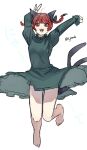  1girl :d absurdres ahoge animal_ears arms_up bare_legs barefoot black_bow blunt_bangs bow braid breasts cat_ears cat_tail dress fangs floating_hair full_body green_dress hair_bow hair_ribbon happy highres juliet_sleeves jumping kaenbyou_rin long_sleeves medium_hair nekomata open_mouth puffy_sleeves red_eyes red_hair ribbon simple_background small_breasts smile solo standing standing_on_one_leg tail teeth touhou tress_ribbon twin_braids upper_teeth_only v white_background yadoyuki 