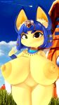  3d_(artwork) absurd_res animal_crossing ankha_(animal_crossing) anthro areola big_breasts black_eyes blue_hair breasts digital_media_(artwork) domestic_cat felid feline felis female frown gesture hair hi_res huge_breasts leviantan581re looking_at_viewer mammal nintendo nipples nude pointing pointing_at_viewer solo yellow_areola yellow_body yellow_nipples 