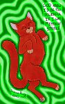  absurd_res ambiguous_gender domestic_cat felid feline felis feral fur green_background hi_res insaneproxy_(artist) mammal red_body red_eyes red_fur simple_background solo text 