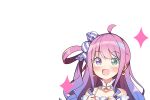  1girl :d ahoge blush candy_hair_ornament clenched_hands detached_collar dress food-themed_hair_ornament frilled_dress frills gradient_hair green_eyes hair_ornament heterochromia highres himemori_luna himemori_luna_(1st_costume) hololive long_hair multicolored_hair off-shoulder_dress off_shoulder one_side_up open_mouth pink_hair purple_eyes purple_hair seigan_subaru single_hair_ring smile solo virtual_youtuber wavy_hair 