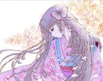  8rami2ki butterfly_hair_ornament flower grey_hair hair_ornament japanese_clothes kimono long_hair 