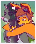  anthro dee_the_ottsel duo embrace eyewear eyewear_on_head fangs goggles goggles_on_head green_eyes hair half_body herpestid hi_res hug hugging_from_behind jak_and_daxter lasicala male male/male mammal mongoose mustelid naughty_dog one_eye_closed ottsel pppanth simple_background sony_corporation sony_interactive_entertainment teeth white_heart 