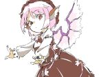  1girl animal_ears bird_ears bird_wings brown_dress brown_eyes brown_headwear closed_mouth dress frilled_sleeves frills hat long_sleeves mystia_lorelei nama_udon pink_hair shirt short_hair simple_background sleeve_garter solo touhou upper_body white_background white_shirt white_wings wings 