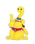  anthro big_breasts black_eyes breasts clothed clothing female generation_2_pokemon huge_breasts nintendo pokeball pokemon pokemon_(species) red_clothing shell shuckle simple_background simple_eyes smile solo urusee584 white_background yellow_body zipper 