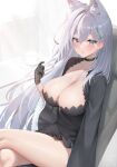  1girl animal_ear_fluff animal_ears bare_legs black_choker black_dress black_gloves blue_archive blue_eyes blush breasts choker cleavage cross_hair_ornament crossed_legs diamond-shaped_pupils diamond_(shape) dress gloves grey_hair hair_ornament highres indoors kono_(xerondan321) large_breasts legs long_hair long_sleeves looking_at_viewer mismatched_pupils shiroko_(blue_archive) shiroko_(terror)_(blue_archive) sitting solo symbol-shaped_pupils wolf_ears wolf_girl 