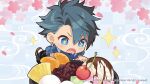  +_+ 1boy black_hair blue_eyes cherry cherry_blossoms chibi drooling earrings eiyuu_densetsu falcom food fruit ice_cream jewelry kuro_no_kiseki official_art open_mouth orange_(fruit) orange_slice saliva short_hair sundae van_arkride white_day 