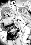  2girls absurdres breasts cleavage commentary_request dark-skinned_female dark_skin fingering greyscale gundam gundam_suisei_no_majo highres kitaku_jikan_(ktk_jkn) large_breasts long_hair looking_at_another lying medium_breasts miorine_rembran monochrome multiple_girls navel nipples on_back on_side pussy_juice shorts sleeping speech_bubble suletta_mercury sweat translation_request yes-no_pillow yuri 