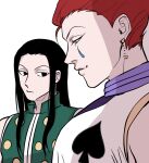  2boys black_hair blank_stare empty_eyes enyalee from_side hair_slicked_back hisoka_morow hunter_x_hunter illumi_zoldyck large_pectorals long_hair looking_at_another looking_at_pectorals looking_down male_focus meme multiple_boys muscle_envy pectoral_envy_(meme) pectorals red_hair short_hair sleeveless upper_body yaoi 