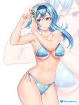  1girl bare_arms bare_shoulders bikini blue_bikini blue_hair blue_hairband commentary cowboy_shot etchimune eula_(genshin_impact) genshin_impact grin hair_ornament hairband hands_up long_hair looking_to_the_side navel pink_lips purple_eyes side-tie_bikini_bottom smile snowflake_print solo standing stomach swimsuit thighs zoom_layer 