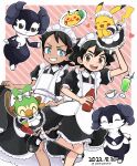  2boys :d apron aqua_eyes arm_up ash_ketchum black_dress black_footwear black_hair bottle brown_eyes commentary_request crossdressing cup dated dessert dress food goh_(pokemon) grin grookey heart highres holding holding_bottle indeedee indeedee_(female) indeedee_(male) ketchup_bottle leg_up maid_headdress male_focus multiple_boys omelet omurice open_mouth pikachu pokemon pokemon_(anime) pokemon_(creature) pokemon_journeys pokesumomo saucer shoes short_sleeves smile socks tea teacup teeth twitter_username upper_teeth_only watermark white_apron white_socks 