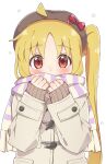  1girl absurdres ahoge alternate_costume blonde_hair blush bocchi_the_rock! brown_coat choppy_bangs coat commentary_request covering_mouth detached_ahoge hands_up highres ijichi_nijika looking_at_viewer mimori_(mimori_05) parted_bangs purple_scarf red_eyes scarf side_ponytail simple_background solo upper_body white_background white_stripes winter_clothes winter_coat 