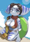  2023 anthro beach big_breasts bikini blue_eyes blue_stripes blush breasts clothing cybernetic_arm cybernetic_limb ear_piercing ear_ring eyebrow_through_hair eyebrows eyelashes eyewear eyewear_on_head feet female fur goggles goggles_on_head hair hi_res inflatable inner_tube kemono kneeling koorinezumi lombax looking_at_viewer mammal orange_bikini orange_clothing orange_swimwear outside piercing ratchet_and_clank red_scarf ring_piercing rivet_(ratchet_and_clank) scarf seaside side-tie_bikini solo sony_corporation sony_interactive_entertainment string_bikini striped_body striped_fur stripes swimwear translucent translucent_hair 