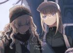  2girls 5kpgte baseball_cap beanie black_headwear black_scarf blonde_hair blue_eyes commentary_request girls&#039;_frontline hair_between_eyes hat highres jacket long_hair multiple_girls scar-h_(girls&#039;_frontline) scar-l_(girls&#039;_frontline) scarf smile track_jacket translation_request twitter_username upper_body white_headwear 