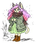  anthro boots brown_scarf clothed clothing coat container cup domestic_cat dress felid feline felis female footwear full-length_portrait fully_clothed fur gradient_hair hair holding_container holding_cup holding_object inner_ear_fluff long_hair looking_at_viewer mammal pink_hair portrait scarf simple_background slither_wing_enjoyer solo standing tail tan_body tan_fur topwear tuft whiskers white_background yellow_clothing yellow_dress 