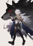  1girl alternate_costume animal_ears arknights belt cape eye_trail full_body grey_eyes grey_hair kuroda_(nanchara_flight) lappland_(arknights) light_trail long_hair long_sleeves midriff open_mouth oripathy_lesion_(arknights) pants pointing red_eyes scar scar_across_eye sharp_teeth stomach tail teeth torn_cape torn_clothes walking wolf wolf_ears wolf_girl wolf_tail 