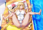  1girl ass barefoot blonde_hair breasts cameltoe closed_mouth collarbone commentary_request commission controller covered_navel covered_nipples dated hair_between_eyes head_on_pillow holding holding_remote_control large_breasts legs_up long_hair looking_at_viewer lying on_back one-piece_swimsuit outdoors pixiv_commission pool poolside remote_control sameha_ikuya sandals school_swimsuit shokuhou_misaki signature smile solo sparkling_eyes spread_legs star_(symbol) star_print swimsuit toaru_kagaku_no_mental_out toaru_kagaku_no_railgun toaru_majutsu_no_index toes unworn_sandals white_one-piece_swimsuit yellow_eyes 