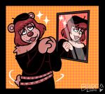  2023 absurd_res altered_reflection anthro bangs bear beret black_border blarf022 border clasped_hands clothing dithering dual_persona fangs female freckles hat headgear headwear hi_res human mammal mirror reflection sherry_bear_(blarf022) solo sparkles teeth 