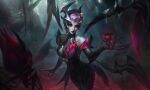  1girl absurdres animal bare_shoulders bare_tree black_dress black_sleeves breasts bug claws coven_elise detached_sleeves dress elise_(league_of_legends) forest highres large_breasts league_of_legends nature official_art outdoors parted_lips pink_hair red_dress red_sleeves shiny_clothes short_hair smile solo spider teeth tree 