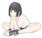  1girl 1ssakawaguchi black_eyes black_hair blue_footwear blue_shorts blunt_bangs blush butterfly_sitting closed_mouth cross-laced_footwear denim denim_shorts dot_nose full_body head_rest highres ichika_(1ssakawaguchi) looking_at_viewer original shirt short_hair short_sleeves shorts simple_background sitting smile solo t-shirt white_background white_shirt 