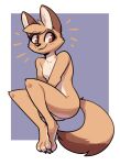  2023 anthro biped black_nose blush blush_lines border breasts brown_eyes canid canine canis cheek_tuft claws digital_media_(artwork) dipstick_tail draw_this_in_your_style facial_tuft featureless_breasts female fuel_(artist) fur head_tuft hi_res inner_ear_fluff jackal knee_tuft leg_tuft mammal markings nude purple_background simple_background smile solo syl_(enginetrap) tail tail_markings tan_body tan_fur toe_claws tuft white_border 