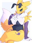  1girl absurdres animal_ears blush breasts cleavage devil-vox digimon digimon_(creature) fake_animal_ears fox fox_ears fox_girl fox_tail furry furry_female highres large_breasts leotard looking_at_viewer playboy_bunny purple_leotard rabbit_ears renamon sitting tail yellow_fur 
