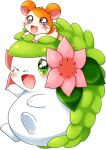  absurd_res aimia492 ambiguous_gender blush carrying cricetid duo feral fur generation_4_pokemon green_body green_eyes hamster hamtaro hamtaro_(series) hi_res land_forme_shaymin legendary_pokemon male mammal nintendo on_head orange_body orange_fur pokemon pokemon_(species) rodent shaymin simple_background tan_body tan_fur white_background white_body 