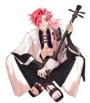  1boy black_hair dragon_print eyebrow_cut fate/grand_order fate_(series) full_body hair_over_one_eye highres holding holding_instrument indian_style instrument jacket long_hair looking_at_viewer male_focus multicolored_hair nagatekkou pectoral_cleavage pectorals red_eyes red_hair shamisen simple_background sitting smile solo streaked_hair takasugi_shinsaku_(fate) une_1111 white_background white_hair white_jacket 