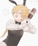  !? 1boy aether_(genshin_impact) ahoge alternate_costume anger_vein animal_ears black_bow black_bowtie black_leotard blonde_hair bottle bow bowtie braid closed_eyes fake_animal_ears false_smile fishnet_pantyhose fishnets genshin_impact hair_between_eyes hair_ornament hands_up highres holding holding_bottle leotard long_hair long_sleeves male_focus male_playboy_bunny open_mouth pantyhose puffy_long_sleeves puffy_sleeves rabbit_ears simple_background siro_look smile solo standing white_background wing_collar 
