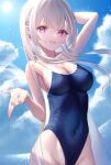  1girl arm_up bare_arms bare_shoulders blue_nails blue_one-piece_swimsuit blue_sky breasts cleavage cloud collarbone competition_school_swimsuit cowboy_shot day ear_piercing grey_hair highres large_breasts long_hair looking_at_viewer nail_polish one-piece_swimsuit original outdoors parted_lips piercing pink_eyes school_swimsuit sky smile solo sun swimsuit yayoi_(yay0ee) 