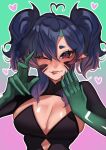  1girl absurdres ahoge biting black_hair breasts brown_eyes cleavage heart heart_ahoge highres indie_virtual_youtuber large_breasts lip_biting lips looking_at_viewer one_eye_closed pointy_ears short_hair short_twintails solo sulia_(vtuber) suliavtuber twintails upper_body virtual_youtuber 