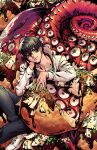  1boy black_eyes black_hair chainsaw_man earrings food green_shirt head_rest head_tilt high_collar highres irahi jacket jewelry looking_at_viewer mole mole_under_mouth octopus_devil_(chainsaw_man) oversized_food sauce shirt short_hair sitting smile takoyaki white_jacket yoshida_hirofumi 