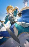  1girl absurdres ahoge armor armored_dress artoria_pendragon_(fate) blonde_hair blue_cape blue_dress blue_ribbon blue_sky breastplate cape cloud dress excalibur_(fate/stay_night) fate/grand_order fate_(series) faulds floating floating_object floating_sword floating_weapon fur-trimmed_cape fur_trim gauntlets green_eyes hair_bun hair_ribbon highres hoshi_rasuku juliet_sleeves light_particles long_sleeves looking_at_object looking_down metal_boots outstretched_hand parted_lips puffy_sleeves reaching ribbon saber skirt sky solo star_(symbol) sword weapon white_skirt 