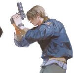  1boy absurdres arms_up black_pants blonde_hair blue_jacket closed_mouth cowboy_shot gun handgun highres holding holding_gun holding_weapon jacket leon_s._kennedy liyuliyuzhou long_sleeves male_focus pants profile resident_evil resident_evil_2 resident_evil_2_(remake) short_hair simple_background sketch solo standing watch weapon white_background wristwatch 