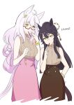  2girls ahoge animal_ears artist_name bandaid bandaid_on_face bandaid_on_nose bare_shoulders biwa_hayahide_(umamusume) black_hair bracelet brown_skirt buttons closed_mouth commentary_request cowboy_shot double-breasted ear_ornament food food_in_mouth glasses grey_hair hair_between_eyes hand_on_own_hip high-waist_skirt horse_ears horse_girl horse_tail jewelry kuzumochi_(kuzumochiya) long_hair multiple_girls narita_brian_(umamusume) pink_skirt pocky pocky_in_mouth ponytail red-framed_eyewear ribbed_sweater semi-rimless_eyewear side-by-side skirt sleeveless sleeveless_sweater smile sweater tail umamusume yellow_eyes 